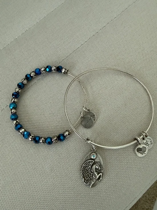 Alex and Ani Silver Charm Bangle with Blue and Silver Beaded Bracelet - Picture 2 of 3